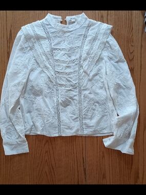 Ultra Pink White Embroidered Lace-Trim High-Neck Blouse